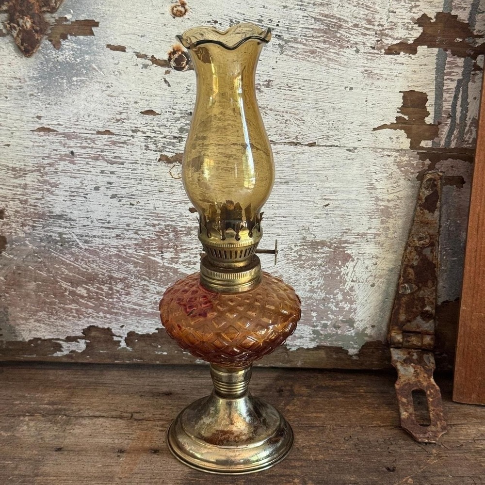Vintage Amber Glass Miniature Oil Lamp‎ Ruffled Chimney Hobnail Base 9.5 Inch